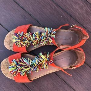 BCBG Delfina Pom Pom T-strap Sandals